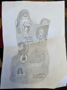 pencil drawing on white paper of a plastic Rigo Cheneau scoliosis brace with stickers on it saying "Scoli strong" and showing a bear wearing a brace