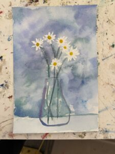 Watercolor white daises in a vase on a table with a mottled blue background and rather fuzzy delineations for the stems and vase.