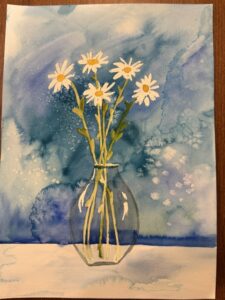 A watercolor made by Jenny of a blue mottled background and white daisies in a vase on a table.